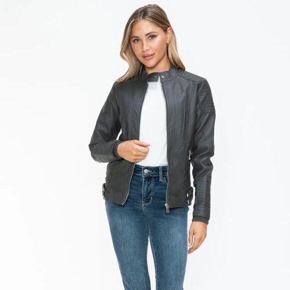 Snobbish Faux Leather Biker Jacket with Side Zip Pockets - Picture 5 of 6